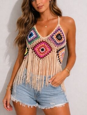 Crochet Granny Square Fringe Tank Top